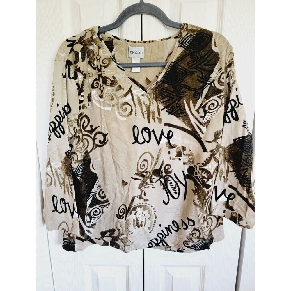 Chico's 3 T-Shirt V-Neck 3/4 Sleeve Stretch Top Love Joy XL Stretch‎ Cotton